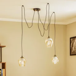 Pendellampe Starla, glas ravfarvet, 3 lyskilder decentreret