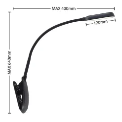 Prios LED-klemmelampe Najari, sort, genopladeligt batteri, USB, 51 cm