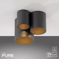PURE LED-loftlampe til badeværelset Point, sort, længde 18 cm, 3 lyskilder
