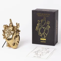 SELETTI Love in Bloom-vase, guldfarvet, hjerteformet, porcelæn