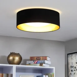 Stof loftslampen Coleen i sort, gylden inden i