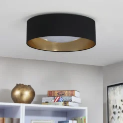 Stof loftslampen Coleen i sort, gylden inden i