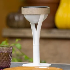 Tyble LED solcellebordlampe, hvid/teak, 2.700 K, 200 lm