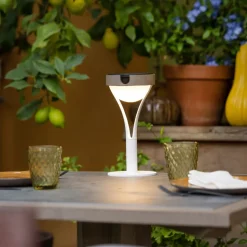 Tyble LED solcellebordlampe, hvid/teak, 2.700 K, 200 lm