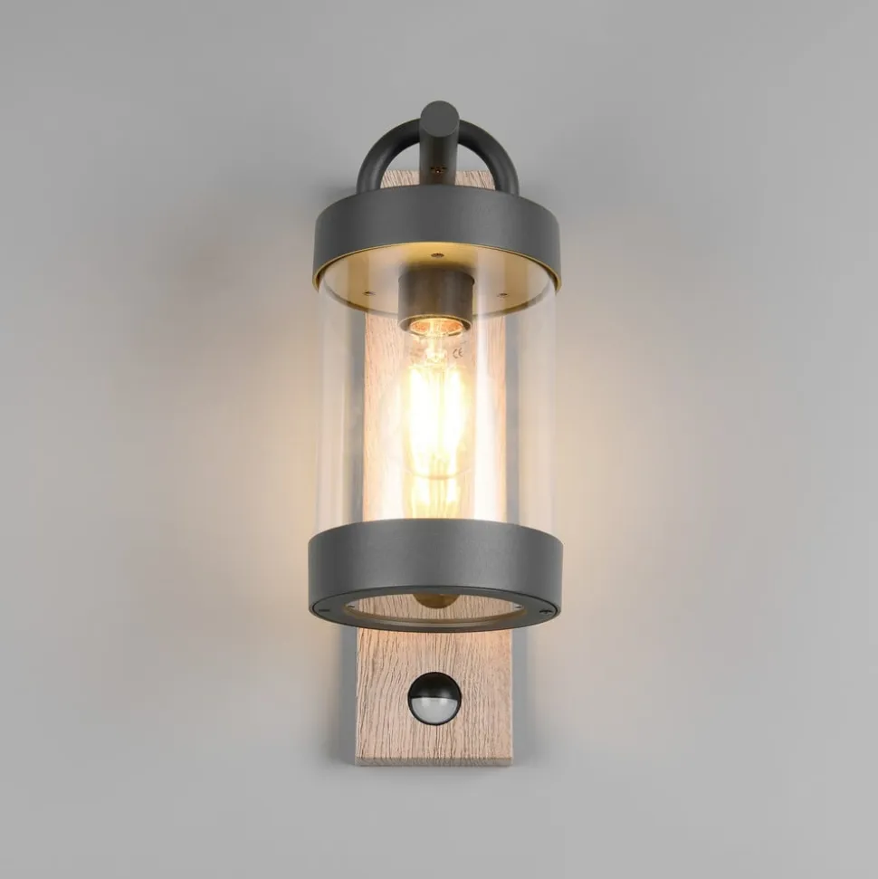 Udendørs væglampe Sambesi, trælook, trykstøbt aluminium, sensor