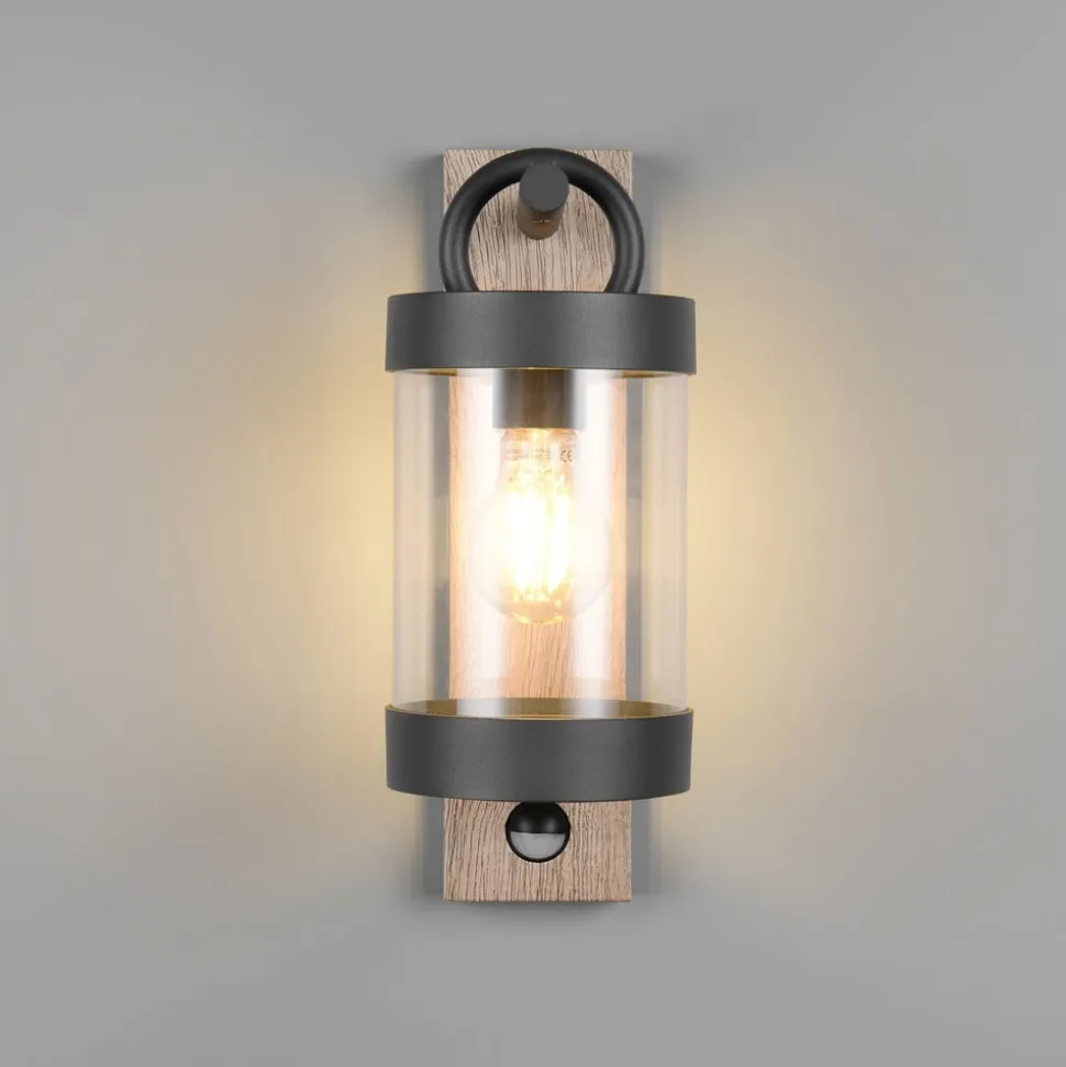 Udendørs væglampe Sambesi, trælook, trykstøbt aluminium, sensor