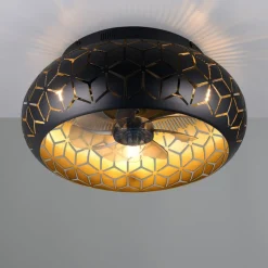 Ventilator med lys Bidar, sort/guld, DC, støjsvag, fjernbetjening