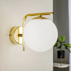 Væglampe Aurora, guldfarvet, glas, 17 cm høj, kugle, E14