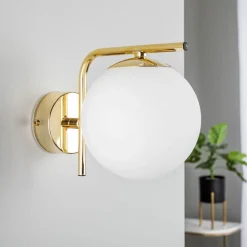 Væglampe Aurora, guldfarvet, glas, 17 cm høj, kugle, E14