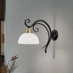 Væglampe Flora, en glasskærm, sort/messing