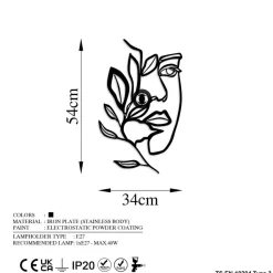 Væglampe Flower Faced, sort, metal, 54 x 34 cm, stik