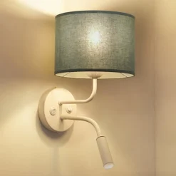 Væglampe med rulle, stof, hvid/sage, læselampe
