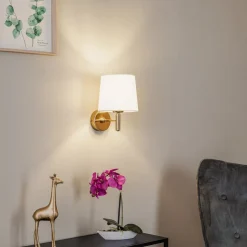 Væglampe Polo Plus tekstilskærm, messing/creme