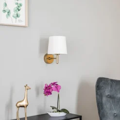 Væglampe Polo Plus tekstilskærm, messing/creme